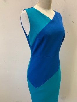 CLASSIQUES ENTIER, Blue, Turquoise Blue, Rayon, Nylon, Color Blocking, Solid, Double Knit Jersey, Panels of Blue and Turquoise Alternating, V-neck, Fitted Sheath, Knee Length