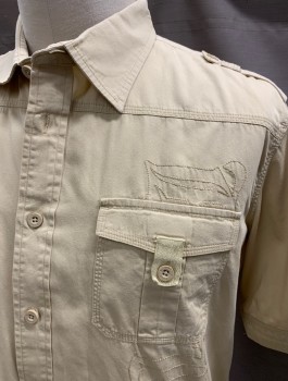 ECKO, Tan Brown, Cotton, Solid, S/S, B.F., Epaulets, Chest Pockets With Flaps And Buttons, Button Closure On Sleeves, Large Back Embroidery