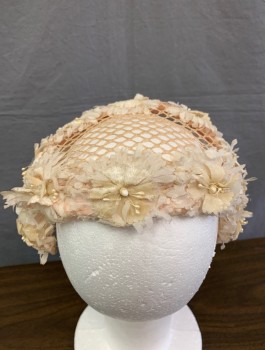 Womens, Hat, N/L, Antique White, Lt Pink, Silk, Beaded, Open Net Structure, Silk 3 Dimensional Flowers with Pearl Beads, Flat See Thru Top with Extensions at Sides to Pin to Head, in Fair Condition, Some Flowers are Smushed