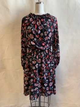 BANANA REPUBLIC, Black, Red, White, Salmon Pink, Polyester, Floral, Ruffle Collar, Draped Top to Side Self Tie, Elastic Waist, Hem Above Knee, Peasant Sleeve with Elastic Cuff, Button Keyhole Back