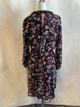 BANANA REPUBLIC, Black, Red, White, Salmon Pink, Polyester, Floral, Ruffle Collar, Draped Top to Side Self Tie, Elastic Waist, Hem Above Knee, Peasant Sleeve with Elastic Cuff, Button Keyhole Back