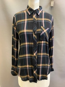 RAILS, Black, Dk Green, Ballet Pink, Mustard Yellow, Rayon, Plaid, L/S, Button Front, Collar Attached,