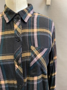 RAILS, Black, Dk Green, Ballet Pink, Mustard Yellow, Rayon, Plaid, L/S, Button Front, Collar Attached,