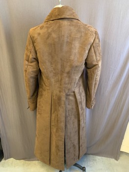 Mens, Historical Fiction Coat, NL, Lt Brown, Suede, 40, Trench Coat, Double Breasted, Button Front, Missing Last Button on Right, 2 Pockets, Pleated at Back