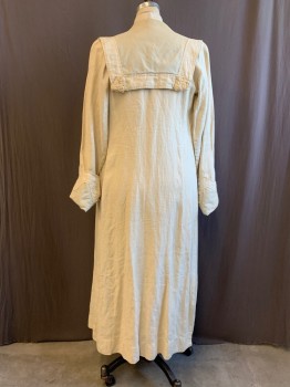 Womens, Coat 1890s-1910s, MTO, Cream, Linen, Solid, H37, B36, Sailor Collar, Notched Lapel, 4 Large Ivory Buttons Down Front, Folded Cuffs with 3 White Buttons, 2 Gray Button Holes on Each Lapel, Braided Appliques on Back of Collar, *Stain on Back Collar*