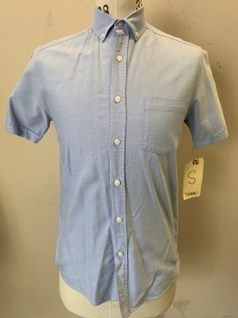 TOPMAN, Lt Blue, Cotton, Solid, Short Sleeves, Button Front, Button Down Collar, 1 Pocket,