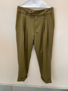 ORDER PLUS, Olive Green, Brown, Poly/Cotton, 2 Color Weave, Wide Waistband, Slant Pockets, Zip Front, Pleated Front, 2 Back Pockets, Cuffed