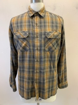KUHL, Khaki Brown, Gray, Mustard Yellow, Dk Gray, Cotton, Tencel, Plaid, L/S, Button Front, Collar Attached, Pocket Chest