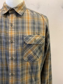 KUHL, Khaki Brown, Gray, Mustard Yellow, Dk Gray, Cotton, Tencel, Plaid, L/S, Button Front, Collar Attached, Pocket Chest