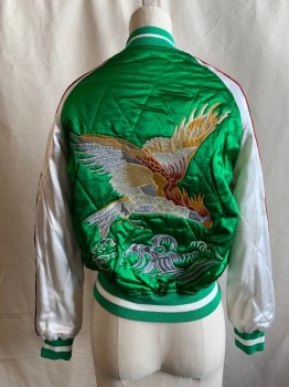 TOPSHOP, Kelly Green, White, Black, Viscose, Cotton, Color Blocking, Reversible Bomber, Quilted Poly Silk, Dragon and Eagle Embroidery, Raglan Sleeves, Green/White Ribbed Knit Collar/Cuff, 2 Pockets, Dark Red Sleeve Piping, Black/White Ribbed Knit Collar and Cuff on Reverse