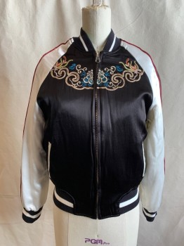 Womens, Casual Jacket, TOPSHOP, Kelly Green, White, Black, Viscose, Cotton, Color Blocking, XS, Reversible Bomber, Quilted Poly Silk, Dragon and Eagle Embroidery, Raglan Sleeves, Green/White Ribbed Knit Collar/Cuff, 2 Pockets, Dark Red Sleeve Piping, Black/White Ribbed Knit Collar and Cuff on Reverse