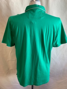 BANANA REPUBLIC, Kelly Green, White, Navy Blue, Cotton, Solid, Short Sleeves, 3 Buttons, Navy Contrast Placket, 1 Pocket, White Collar, Pocket and Sleeve Piping, Multiple