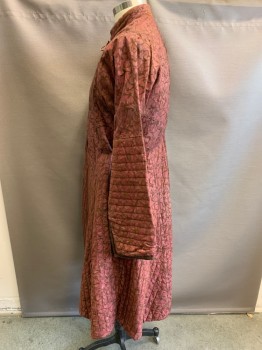 Mens, Historical Fiction Coat, ATELIER CARACO CANEZ, Red Burgundy, Brown, Cotton, Floral, C 44, Wrap, Quilted Skirt and Sleeves, Tie at Waist and Neck, Lined in Dk Brown, Open Center Back for Horse Back Riding