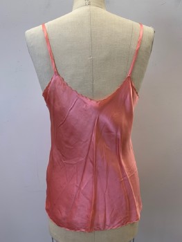 Womens, Top, TOMOTE, Salmon Pink, Silk, Solid, B: 38, M, Camisole Top, Spaghetti Strap, Scoop Neck, Embroiderred Flowers And Neckline