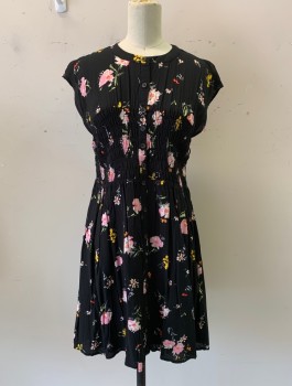 FREE PEOPLE, Black, Multi-color, Rayon, Floral, Band Collar, Button Front, Slvls, Elastic Waist, Pink, Yellow, and Red Flowers