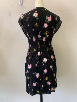 FREE PEOPLE, Black, Multi-color, Rayon, Floral, Band Collar, Button Front, Slvls, Elastic Waist, Pink, Yellow, and Red Flowers
