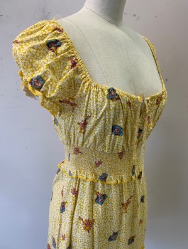ALL IN FAVOR, Sunflower Yellow, White, Multi-color, Rayon, Floral, Peasant Style Top, Elastic Square Neck with Self Ties, Elastic Arm Openings, Smocked Elastic Waist, Mini Length with Self Ruffle at Hem
