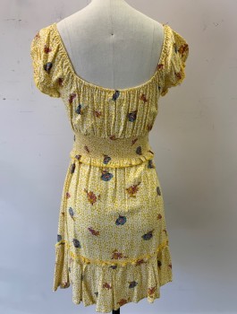 ALL IN FAVOR, Sunflower Yellow, White, Multi-color, Rayon, Floral, Peasant Style Top, Elastic Square Neck with Self Ties, Elastic Arm Openings, Smocked Elastic Waist, Mini Length with Self Ruffle at Hem