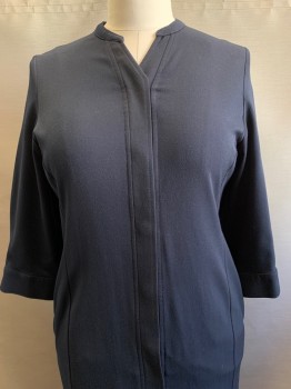 NL, Midnight Blue, Polyester, Rayon, Solid, L/S, Concealed Button Front, Collar Band with Mini V Neckline, Side Pockets, Multiple