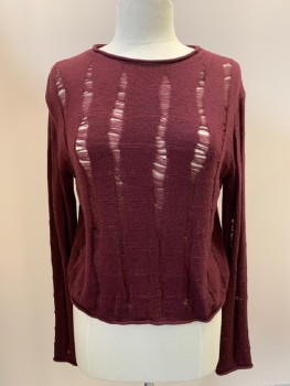 ALEXANDER WANG, Red Burgundy, Wool, Solid, L/S, CN, Intentional Runs In The Knit