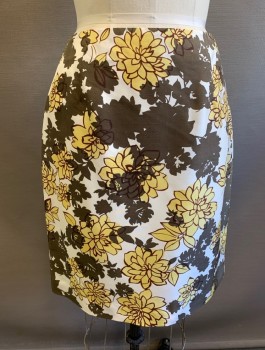 ALFANI, White, Chocolate Brown, Butter Yellow, Silk, Floral, Darts At Waist, Straight Fit Through Hips, Vent At Back Hem, Invisible Zipper At Back Waist