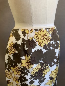 ALFANI, White, Chocolate Brown, Butter Yellow, Silk, Floral, Darts At Waist, Straight Fit Through Hips, Vent At Back Hem, Invisible Zipper At Back Waist