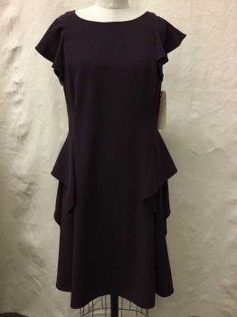 REBECCA TAYLOR, Plum Purple, Polyester, Solid, Round Neck, Short Sleeve,  Ruffle Sides , Zip Back