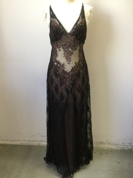Womens, Negligee, NEIMAN MARCUS, Black, Copper Metallic, Cream, Nylon, Floral, S/M, Black Lace Netting Over Copper Polyester Silk, Copper/Black Floral Embroidery Front, V-neck, Cream Belly Panel , Spaghetti Straps, Tie Back From Side Seams, Floor Length Hem, V Shaped Panel From Crotch to Floor with Dotted Lace