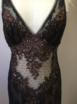 Womens, Negligee, NEIMAN MARCUS, Black, Copper Metallic, Cream, Nylon, Floral, S/M, Black Lace Netting Over Copper Polyester Silk, Copper/Black Floral Embroidery Front, V-neck, Cream Belly Panel , Spaghetti Straps, Tie Back From Side Seams, Floor Length Hem, V Shaped Panel From Crotch to Floor with Dotted Lace