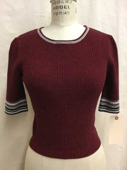 Topshop, Red Burgundy, Black, White, Cotton, Nylon, Heathered, Stripes, Short Sleeve,  Crew Neck, Stripes At Neck And Sleeves, Ribbed