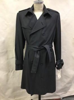 Mens, Coat, Trenchcoat, N/L, Charcoal Gray, Black, Wool, Birds Eye Weave, 42, Double Breasted, Epaulets, Detached Back and Right Front Yoke, Belt Loops, Tie Belt, Cuffs with Loops and Button Belts, 2 Vertical Pocket,