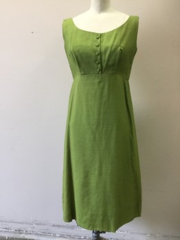 Womens, 1960s Vintage, Dress, MTO, Chartreuse Green, Silk, Solid, W 25, B 34, H 34, Sleeveless Dress, Empire Waist, Faux 1/2 Button Front, Hem Below Knee, Zip Back, Piping Along Waist Seam