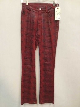 Guess, Red, Black, Cotton, Plastic, Reptile/Snakeskin, Red Skinny Jeans with Shiny Black Reptile Print