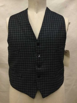 Mens, Vest 1890s-1910s, Black, Gray, Wool, Check , Ch 42, Black/gray Check, Button Front, 4 Pockets,