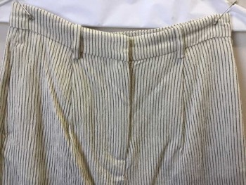 H & M, Beige, Black, Cotton, Viscose, Stripes - Vertical , Beige W/heather Black Vertical Stripes, 1-1/2" Waistband, Belt Hoops, 1 Pleat Front, Zip Front, 2 Side Pockets