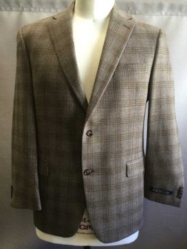HART SCHAFFNER, Lt Brown, Brown, Lt Blue, Wool, Plaid, Single Breasted, Collar Attached, Notched Lapel, 3 Pockets, 2 Buttons