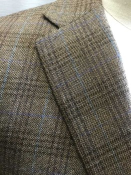 HART SCHAFFNER, Lt Brown, Brown, Lt Blue, Wool, Plaid, Single Breasted, Collar Attached, Notched Lapel, 3 Pockets, 2 Buttons