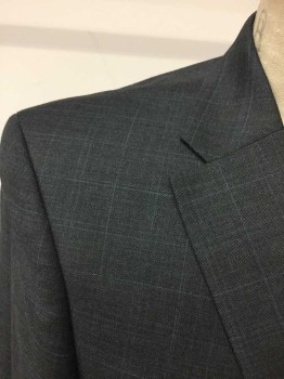 Mens, Suit, Jacket, TOMMY HILFIGER, Dk Gray, Lt Blue, Wool, Polyester, Plaid, 38S, Windowpane Pattern, Single Breasted, Notched Lapel, 2 Buttons,  2 Pockets,
