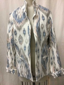 CHICOS, Cream, Blue, Gray, Lt Pink, Rayon, Polyester, Ikat, Stand Collar, 2 Pockets, No Closures, Cuffed Sleeves