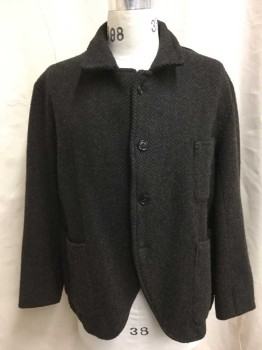 Mens, Jacket 1890s-1910s, NO LABEL, Brown, Black, Wool, Herringbone, 44, Single Breasted, Long Sleeves, 3 Pockets, Missing One Button, 4 Button Holes,