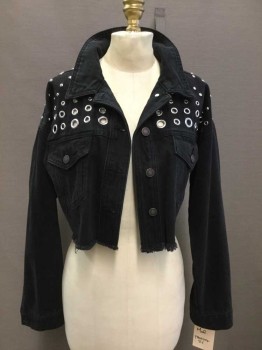 Womens, Jean Jacket, FOREVER 21, Black, Silver, Cotton, Solid, M, Crop, Metal Button Front, Silver Grommet Detail, Raw Hem, 2 Pockets, Collar Attached,