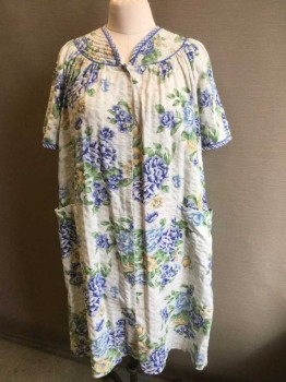 Womens, Housedress, COFFEE TIME, White, Lt Blue, Blue, Green, Yellow, Cotton, Polyester, Floral, S, White with Light Blue, Blue, Light Green, Green, Yellow Large Floral Print, V-neck & Short Sleeves White, Blue, Green & Yellow Criss-cross & Slate Blue Piping Trim, 2 Pockets, Silver Pearly Gray W/metal Trim Snap Front