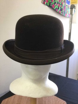 Mens, Bowler/Derby , GOLDEN GATE HAT COMP, Dk Brown, Wool, Solid, 7 5/8 , Dk Brown Gross Grain Ribbon Hat Band, See Photo Attached,