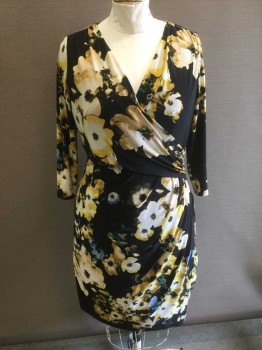 RALPH LAUREN, Black, Yellow, Cream, Beige, Periwinkle Blue, Polyester, Spandex, Floral, Black with Oversized Multicolor Flower Pattern, Wrapped V-neck, Long Sleeves, Gathered at Hip with Wrapped Detail at Front, Hem Below Knee