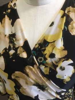 RALPH LAUREN, Black, Yellow, Cream, Beige, Periwinkle Blue, Polyester, Spandex, Floral, Black with Oversized Multicolor Flower Pattern, Wrapped V-neck, Long Sleeves, Gathered at Hip with Wrapped Detail at Front, Hem Below Knee