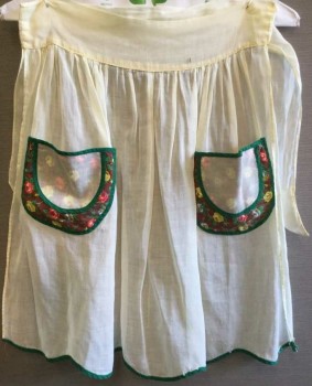 Womens, Apron, N/L, Pale Yellow Batiste, Wide Waistband, Gathered, 2 Pockets with Floral Print and Bias Trim, Scallopped Bias Trimmed Hem