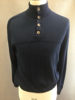 HARRISSON DAVIS, Navy Blue, Wool, Solid, Long Sleeves, Henley Collar with 4 Buttons, Ribbed Sleeve Cap and Waistband