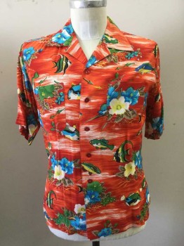 NETWORK, Red, White, Blue, Yellow, Green, Rayon, Floral, Novelty Pattern, Button Front, Short Sleeves, Collar Attached, Floral/Fish Pattern, 2 Pockets, Double, 80's