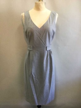 PIAZZA SEMPIONE, Gray, Wool, Spandex, Solid, Sleeveless, V-neck, Attached 1.5" Wide Belt with Gray Horizontal Topstitched Detail, Gathered at Sides of Waist, Invisible Zipper at Center Back, Sheath, Knee Length