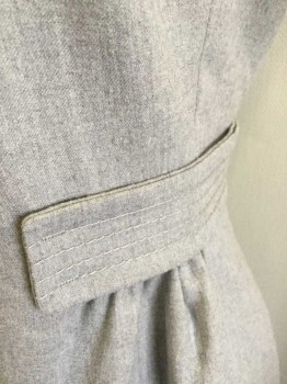 PIAZZA SEMPIONE, Gray, Wool, Spandex, Solid, Sleeveless, V-neck, Attached 1.5" Wide Belt with Gray Horizontal Topstitched Detail, Gathered at Sides of Waist, Invisible Zipper at Center Back, Sheath, Knee Length